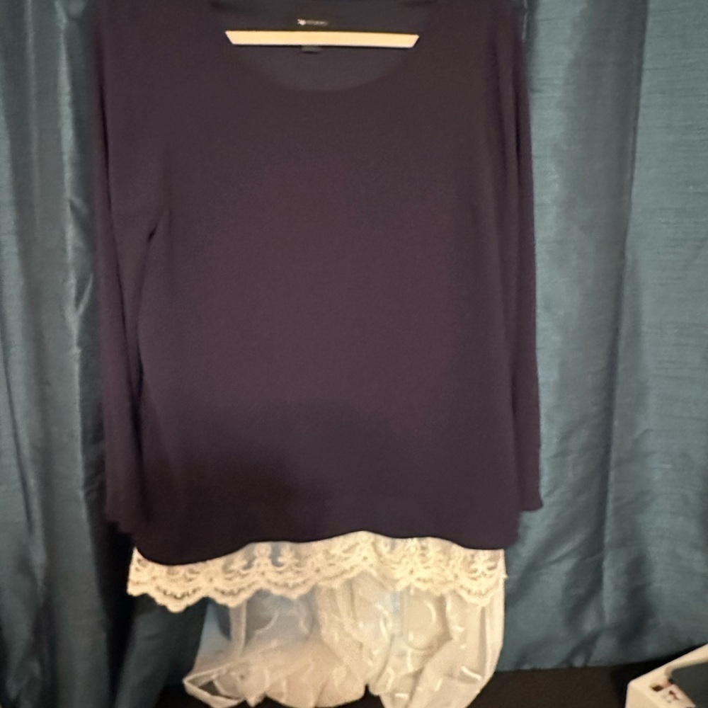 AB Studio Navy Blue Top with White Lace Hem - Picture 1 of 5
